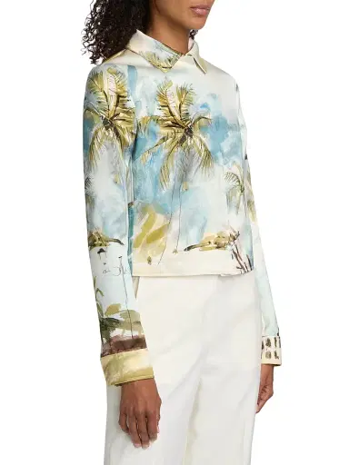 Oscar de la Renta Women's Beach Print Landscape Satin Jacket | Thumbnail 4 Oscar de la Renta Women's Beach Print Landscape Satin Jacket | Thumbnail 4