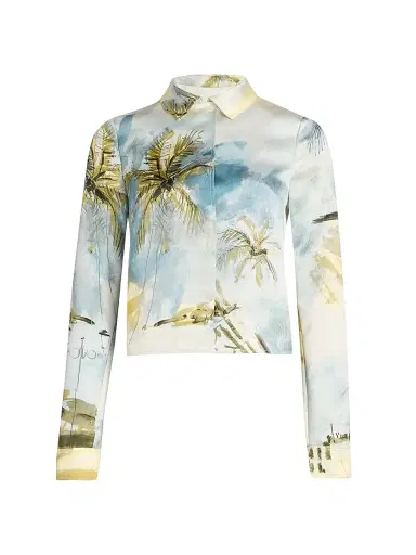 Oscar de la Renta Women's Beach Print Landscape Satin Jacket | Thumbnail 1 Oscar de la Renta Women's Beach Print Landscape Satin Jacket | Thumbnail 1