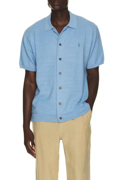 Polo Ralph Lauren Short Sleeve Cotton Blend Textured Cardigan Sweater With Collar | Thumbnail 1 Polo Ralph Lauren Short Sleeve Cotton Blend Textured Cardigan Sweater With Collar | Thumbnail 1