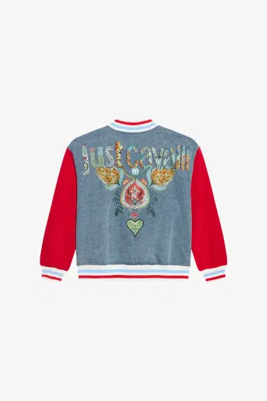Roberto Cavalli Denim Bomber Jacket with Red Sleeves | Thumbnail 2 Roberto Cavalli Denim Bomber Jacket with Red Sleeves | Thumbnail 2