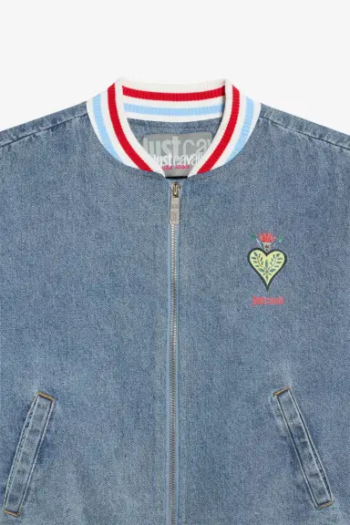 Roberto Cavalli Denim Bomber Jacket with Red Sleeves | Thumbnail 3 Roberto Cavalli Denim Bomber Jacket with Red Sleeves | Thumbnail 3