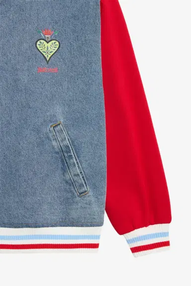 Roberto Cavalli Denim Bomber Jacket with Red Sleeves | Thumbnail 4 Roberto Cavalli Denim Bomber Jacket with Red Sleeves | Thumbnail 4