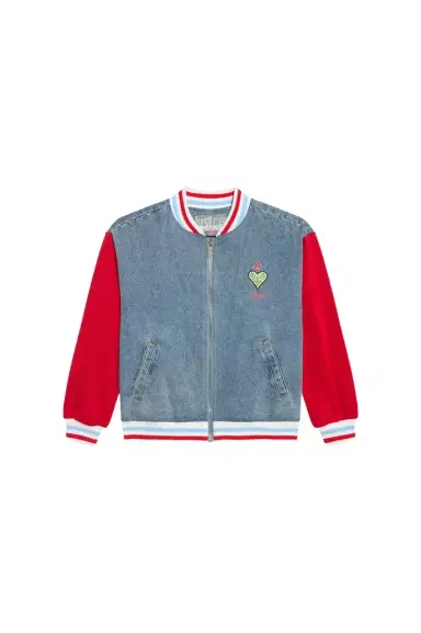 Roberto Cavalli Denim Bomber Jacket with Red Sleeves | Thumbnail 1 Roberto Cavalli Denim Bomber Jacket with Red Sleeves | Thumbnail 1