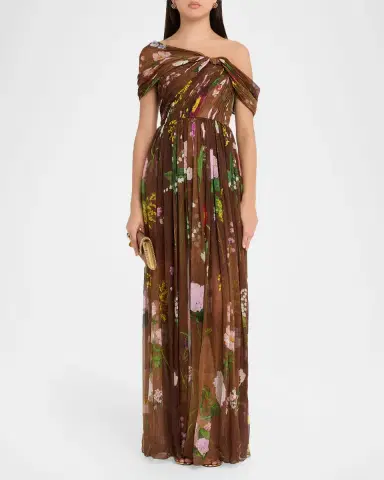 Oscar de la Renta One-Shoulder Mixed Botanical Silk Chiffon Gown | Thumbnail 2 Oscar de la Renta One-Shoulder Mixed Botanical Silk Chiffon Gown | Thumbnail 2