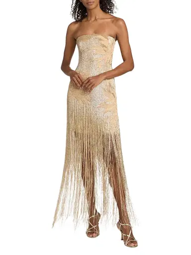 Oscar de la Renta Women's Embellished Palm Raffia Fringe Strapless Gown | Thumbnail 2 Oscar de la Renta Women's Embellished Palm Raffia Fringe Strapless Gown | Thumbnail 2
