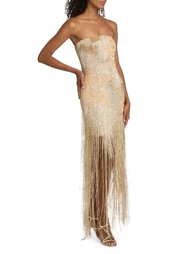 Oscar de la Renta Women's Embellished Palm Raffia Fringe Strapless Gown | Thumbnail 4 Oscar de la Renta Women's Embellished Palm Raffia Fringe Strapless Gown | Thumbnail 4
