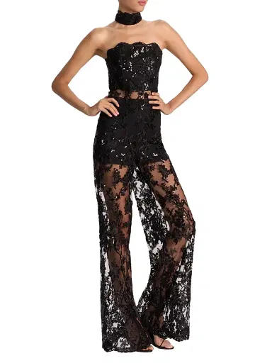 ALICE + OLIVIA Women's Georgie Sequin-Embellished Lace Jumpsuit - Black | Thumbnail 2 ALICE + OLIVIA Women's Georgie Sequin-Embellished Lace Jumpsuit - Black | Thumbnail 2
