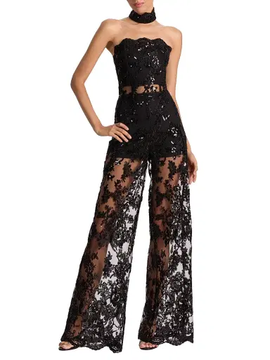 ALICE + OLIVIA Women's Georgie Sequin-Embellished Lace Jumpsuit - Black | Thumbnail 3 ALICE + OLIVIA Women's Georgie Sequin-Embellished Lace Jumpsuit - Black | Thumbnail 3