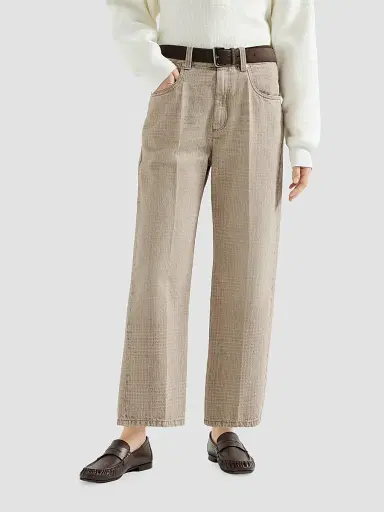 Brunello Cucinelli Women's Prince of Wales Denim Contemporary Square Trousers with Monili - Sand | Thumbnail 2 Brunello Cucinelli Women's Prince of Wales Denim Contemporary Square Trousers with Monili - Sand | Thumbnail 2