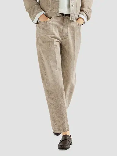 Brunello Cucinelli Women's Prince of Wales Denim Contemporary Square Trousers with Monili - Sand | Thumbnail 3 Brunello Cucinelli Women's Prince of Wales Denim Contemporary Square Trousers with Monili - Sand | Thumbnail 3