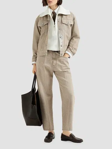 Brunello Cucinelli Women's Prince of Wales Denim Contemporary Square Trousers with Monili - Sand | Thumbnail 6 Brunello Cucinelli Women's Prince of Wales Denim Contemporary Square Trousers with Monili - Sand | Thumbnail 6