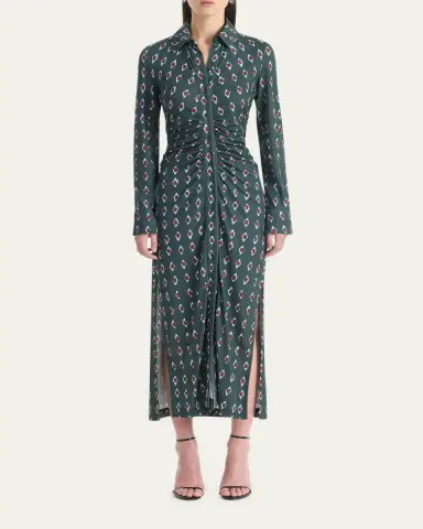 Altuzarra Claudia Diamond-Print Long-Sleeve Ruched Midi Shirtdress | Thumbnail 2 Altuzarra Claudia Diamond-Print Long-Sleeve Ruched Midi Shirtdress | Thumbnail 2