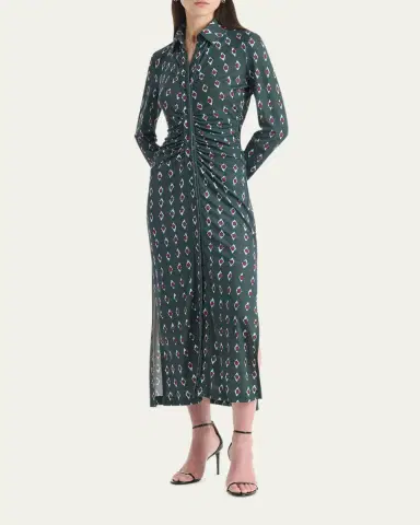 Altuzarra Claudia Diamond-Print Long-Sleeve Ruched Midi Shirtdress | Thumbnail 4 Altuzarra Claudia Diamond-Print Long-Sleeve Ruched Midi Shirtdress | Thumbnail 4