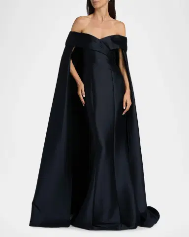 Badgley Mischka Off-Shoulder Cape Mermaid Gown | Thumbnail 4 Badgley Mischka Off-Shoulder Cape Mermaid Gown | Thumbnail 4