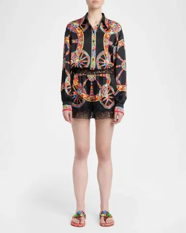 Dolce & Gabbana Carretto-Print Silk Long-Sleeve Collared Romper | Thumbnail 2 Dolce & Gabbana Carretto-Print Silk Long-Sleeve Collared Romper | Thumbnail 2