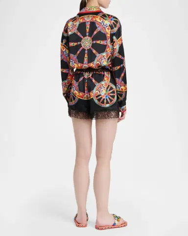 Dolce & Gabbana Carretto-Print Silk Long-Sleeve Collared Romper | Thumbnail 3 Dolce & Gabbana Carretto-Print Silk Long-Sleeve Collared Romper | Thumbnail 3