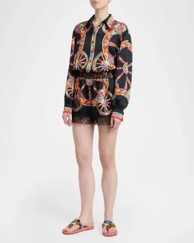 Dolce & Gabbana Carretto-Print Silk Long-Sleeve Collared Romper | Thumbnail 4 Dolce & Gabbana Carretto-Print Silk Long-Sleeve Collared Romper | Thumbnail 4