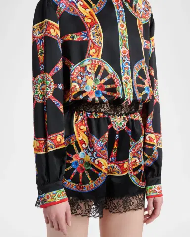 Dolce & Gabbana Carretto-Print Silk Long-Sleeve Collared Romper | Thumbnail 5 Dolce & Gabbana Carretto-Print Silk Long-Sleeve Collared Romper | Thumbnail 5