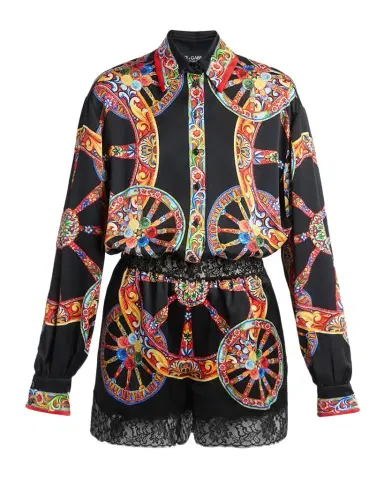Dolce & Gabbana Carretto-Print Silk Long-Sleeve Collared Romper | Thumbnail 1 Dolce & Gabbana Carretto-Print Silk Long-Sleeve Collared Romper | Thumbnail 1