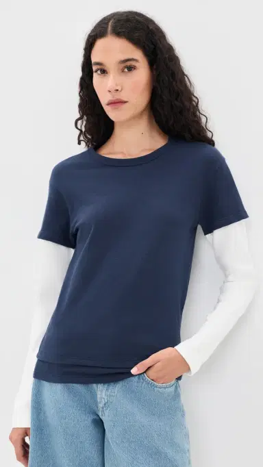 EB Denim Rory Layered Long Sleeve Tee Navy And White Waffle L | Thumbnail 2 EB Denim Rory Layered Long Sleeve Tee Navy And White Waffle L | Thumbnail 2