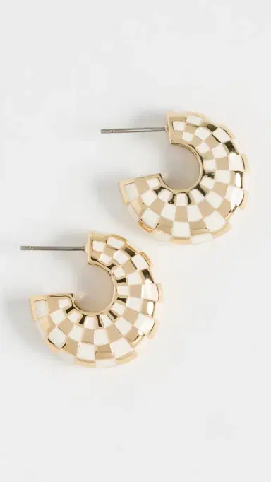 Clare V. Clare V. Le Hoop Earrings Gold/Cream Checker One Size | Thumbnail 2 Clare V. Clare V. Le Hoop Earrings Gold/Cream Checker One Size | Thumbnail 2