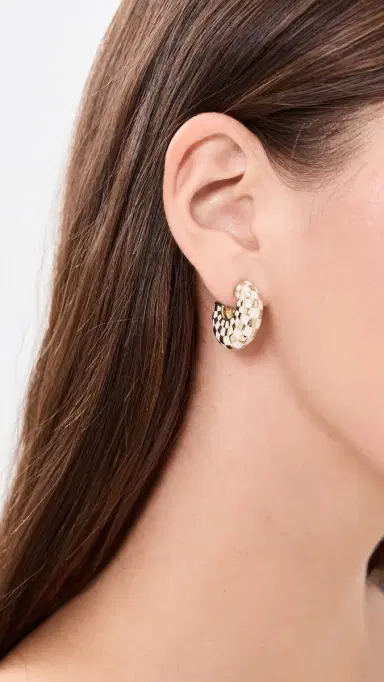 Clare V. Clare V. Le Hoop Earrings Gold/Cream Checker One Size | Thumbnail 3 Clare V. Clare V. Le Hoop Earrings Gold/Cream Checker One Size | Thumbnail 3