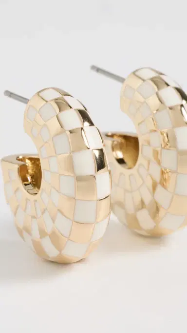 Clare V. Clare V. Le Hoop Earrings Gold/Cream Checker One Size | Thumbnail 4 Clare V. Clare V. Le Hoop Earrings Gold/Cream Checker One Size | Thumbnail 4