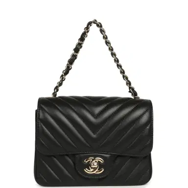 Chanel Pre-owned Chanel Mini Chevron Square Flap Bag Black Lambskin Light Gold Hardware | Thumbnail 7 Chanel Pre-owned Chanel Mini Chevron Square Flap Bag Black Lambskin Light Gold Hardware | Thumbnail 7