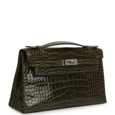 HERMÈS Pre-owned Hermes Kelly Pochette Vert Olive Shiny Alligator Mississippiensis Palladium Hardware | Thumbnail 2 HERMÈS Pre-owned Hermes Kelly Pochette Vert Olive Shiny Alligator Mississippiensis Palladium Hardware | Thumbnail 2