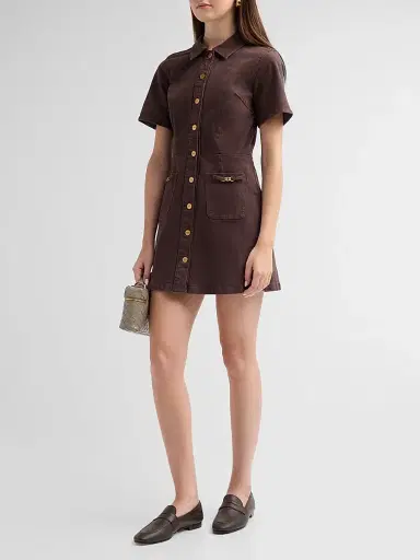 PAIGE Women's Clementine Denim Mini Dress - Rich Chocolate | Thumbnail 4 PAIGE Women's Clementine Denim Mini Dress - Rich Chocolate | Thumbnail 4