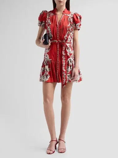 ALICE + OLIVIA Women's Cora Floral Tiered Mini Shirtdress - Rose Garden Hibiscus | Thumbnail 2 ALICE + OLIVIA Women's Cora Floral Tiered Mini Shirtdress - Rose Garden Hibiscus | Thumbnail 2