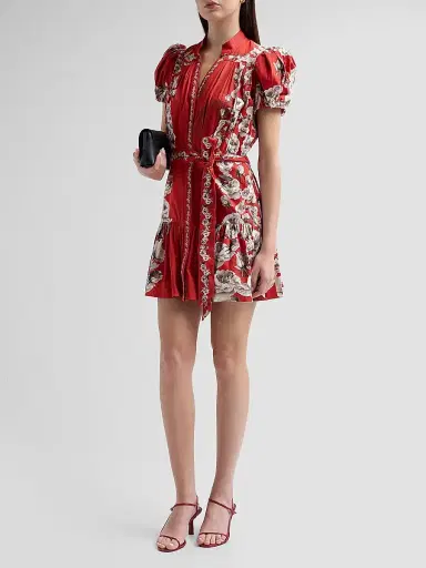 ALICE + OLIVIA Women's Cora Floral Tiered Mini Shirtdress - Rose Garden Hibiscus | Thumbnail 4 ALICE + OLIVIA Women's Cora Floral Tiered Mini Shirtdress - Rose Garden Hibiscus | Thumbnail 4