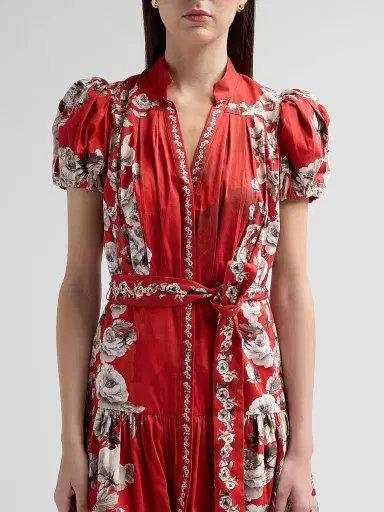 ALICE + OLIVIA Women's Cora Floral Tiered Mini Shirtdress - Rose Garden Hibiscus | Thumbnail 5 ALICE + OLIVIA Women's Cora Floral Tiered Mini Shirtdress - Rose Garden Hibiscus | Thumbnail 5