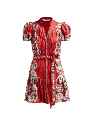 ALICE + OLIVIA Women's Cora Floral Tiered Mini Shirtdress - Rose Garden Hibiscus | Thumbnail 1 ALICE + OLIVIA Women's Cora Floral Tiered Mini Shirtdress - Rose Garden Hibiscus | Thumbnail 1