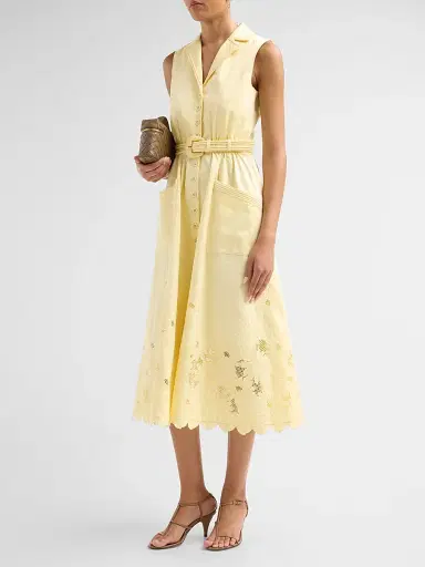 Saloni Women's Kirat Daisy-Embroidered Belted Midi Shirtdress - Soft Lemon Embroidered - Size 12 | Thumbnail 4 Saloni Women's Kirat Daisy-Embroidered Belted Midi Shirtdress - Soft Lemon Embroidered - Size 12 | Thumbnail 4