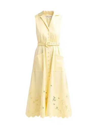 Saloni Women's Kirat Daisy-Embroidered Belted Midi Shirtdress - Soft Lemon Embroidered - Size 12 | Thumbnail 1 Saloni Women's Kirat Daisy-Embroidered Belted Midi Shirtdress - Soft Lemon Embroidered - Size 12 | Thumbnail 1