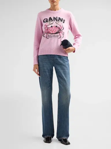 Ganni Women's Crab Graphic Wool-Blend Sweater - Chalk Pink - Size XL | Thumbnail 2 Ganni Women's Crab Graphic Wool-Blend Sweater - Chalk Pink - Size XL | Thumbnail 2