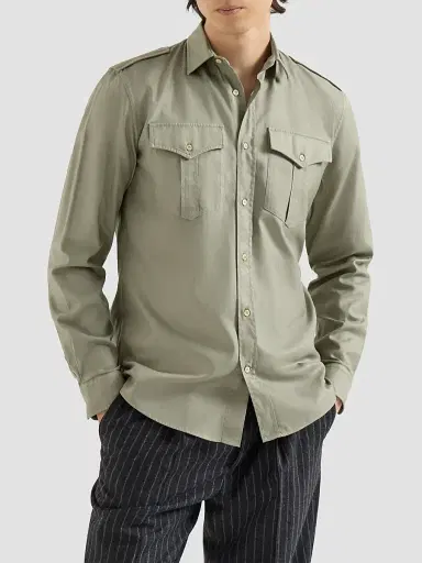 Brunello Cucinelli Men's Garment-Dyed Shirt in Cotton Chevron with Spread Collar - Military | Thumbnail 2 Brunello Cucinelli Men's Garment-Dyed Shirt in Cotton Chevron with Spread Collar - Military | Thumbnail 2