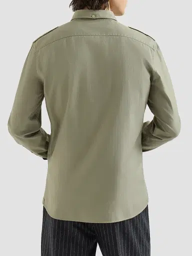 Brunello Cucinelli Men's Garment-Dyed Shirt in Cotton Chevron with Spread Collar - Military | Thumbnail 3 Brunello Cucinelli Men's Garment-Dyed Shirt in Cotton Chevron with Spread Collar - Military | Thumbnail 3