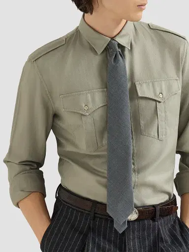 Brunello Cucinelli Men's Garment-Dyed Shirt in Cotton Chevron with Spread Collar - Military | Thumbnail 4 Brunello Cucinelli Men's Garment-Dyed Shirt in Cotton Chevron with Spread Collar - Military | Thumbnail 4