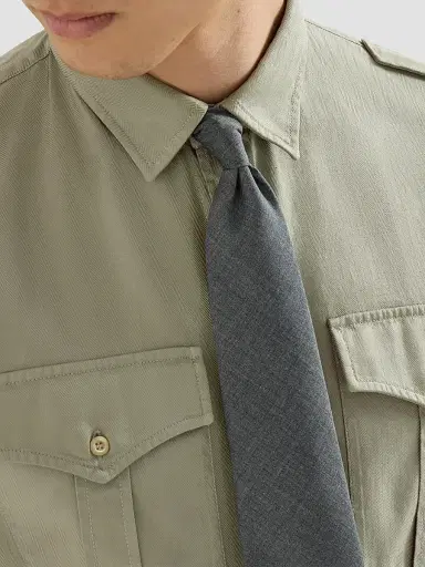 Brunello Cucinelli Men's Garment-Dyed Shirt in Cotton Chevron with Spread Collar - Military | Thumbnail 5 Brunello Cucinelli Men's Garment-Dyed Shirt in Cotton Chevron with Spread Collar - Military | Thumbnail 5