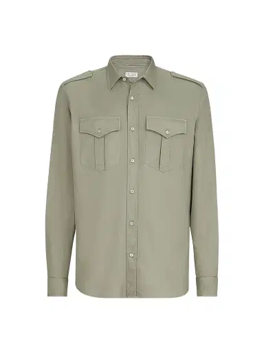 Brunello Cucinelli Men's Garment-Dyed Shirt in Cotton Chevron with Spread Collar - Military | Thumbnail 1 Brunello Cucinelli Men's Garment-Dyed Shirt in Cotton Chevron with Spread Collar - Military | Thumbnail 1
