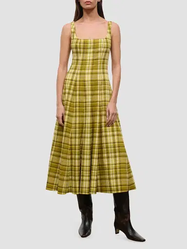 Staud Women's Wells Plaid Linen-Blend Midi Dress | Thumbnail 2 Staud Women's Wells Plaid Linen-Blend Midi Dress | Thumbnail 2