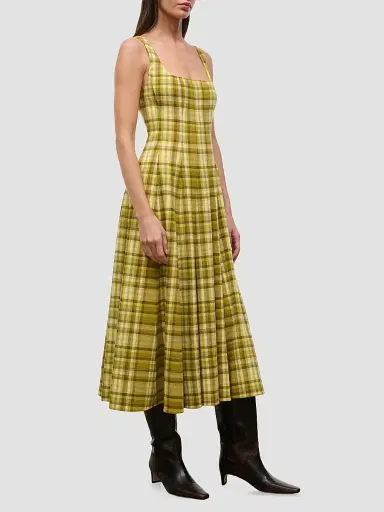 Staud Women's Wells Plaid Linen-Blend Midi Dress | Thumbnail 3 Staud Women's Wells Plaid Linen-Blend Midi Dress | Thumbnail 3
