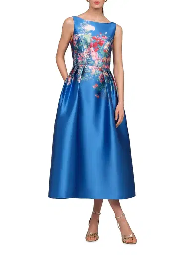 Kay Unger Women's Dina Floral Tea-Length Dress - Oxford Blue | Thumbnail 3 Kay Unger Women's Dina Floral Tea-Length Dress - Oxford Blue | Thumbnail 3