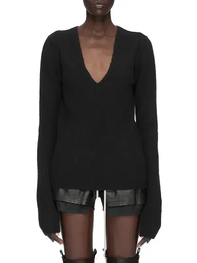 Rick Owens Women's Tommy V-Neck Alpaca-Blend Sweater - Black | Thumbnail 1 Rick Owens Women's Tommy V-Neck Alpaca-Blend Sweater - Black | Thumbnail 1