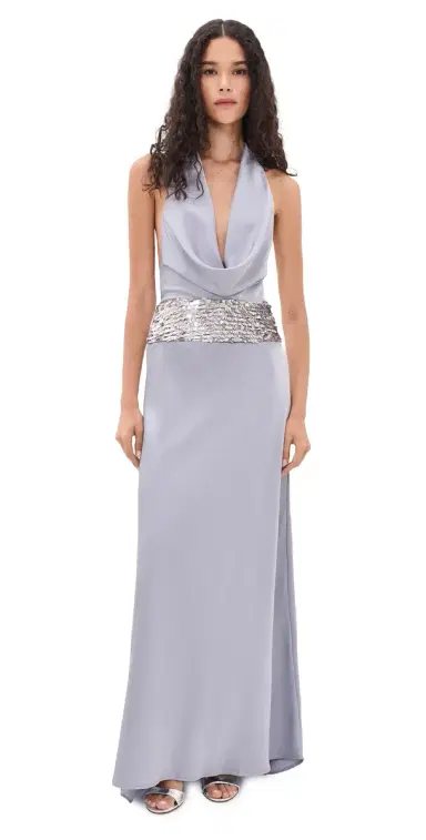 Runaway the Label Marcella Deep Plunge Maxi Dress ilver | Thumbnail 1 Runaway the Label Marcella Deep Plunge Maxi Dress ilver | Thumbnail 1