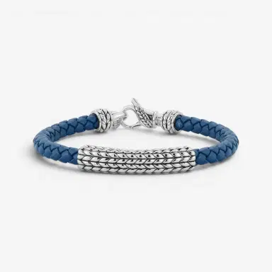 JAI JAI Sterling Silver Blue Leather Textured Station Men's Bracelet JJH3045MB-BL - S by The Solist | Thumbnail 2 JAI JAI Sterling Silver Blue Leather Textured Station Men's Bracelet JJH3045MB-BL - S by The Solist | Thumbnail 2