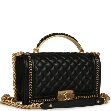 Chanel Chanel Medium Top Handle Braided Boy Bag Black Shiny Lambskin Antique Gold Hardware | Thumbnail 2 Chanel Chanel Medium Top Handle Braided Boy Bag Black Shiny Lambskin Antique Gold Hardware | Thumbnail 2