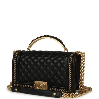 Chanel Chanel Medium Top Handle Braided Boy Bag Black Shiny Lambskin Antique Gold Hardware | Thumbnail 5 Chanel Chanel Medium Top Handle Braided Boy Bag Black Shiny Lambskin Antique Gold Hardware | Thumbnail 5